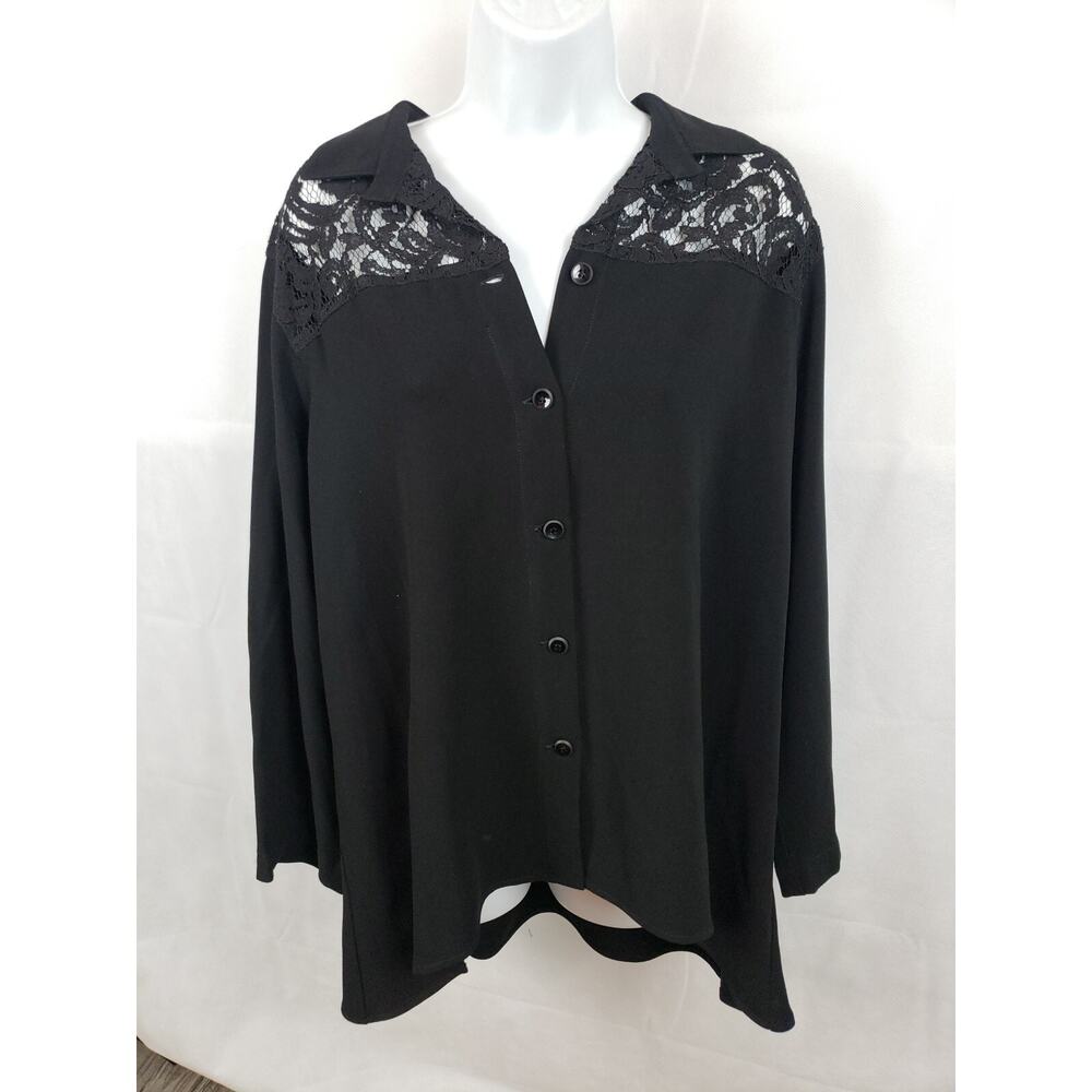 Blanque Women's Black Button Up Top Size 1 Lace Back Made in USA Polyester mix